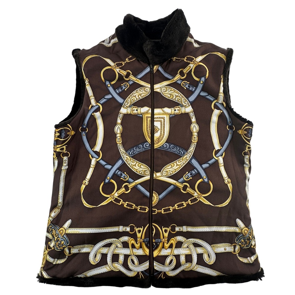 J.McLaughlin Women's S Vest Brown Faux Fur Reversible Equestrian Silk Print